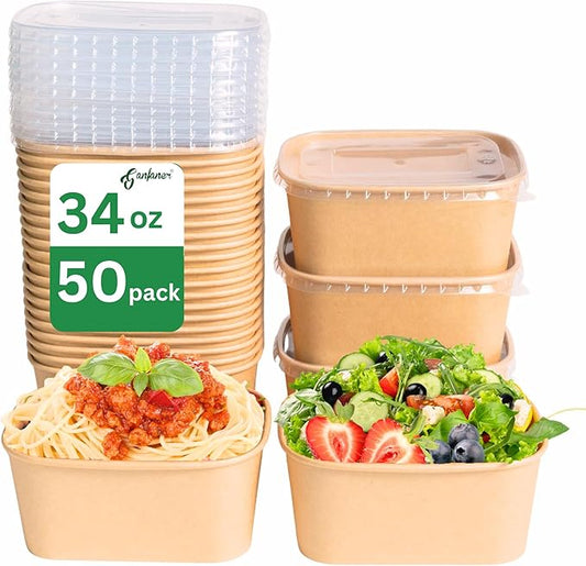 34 OZ Disposable Bowls,50 Sets Square Kraft Paper Salad Bowls with Lids, Oil-Proof Soup Bowls Microwave Freeze, Perfect for Disposable Meal Prep Food Container Takeout