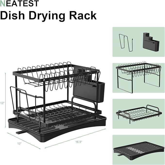 NEATEST Dish Drying Rack, 2-Tier Dish Rack for Kitchen Counter with Auto Draining Tray Kitchen Organizers and Storage with Cutlery Holder for Dish/Knifes/Cup/Cutting Board Dish Drainer