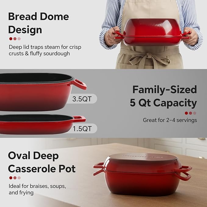 Enameled Cast Iron Oval Dutch Oven for Bread Baking，12"x8" Bread Pot with Lid，Ideal for Sourdough, Artisan Loaves & Family Meals，5 Qt