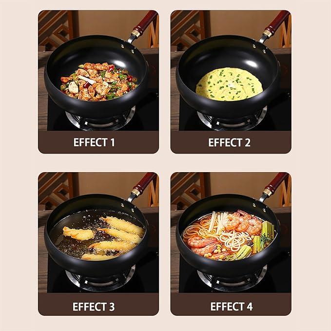 Cast Iron Skillet, Uncoating Cast Iron Pot, Japanese Hand-Forged Non-Stick Ironpan, Hand Forged Frying Pan with Lid and Wooden Handle, for Gas Stoves Induction Hobs (Wooden Lid)