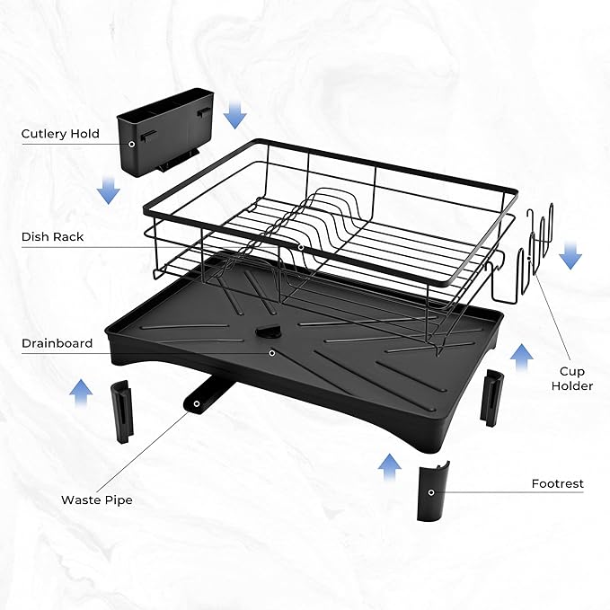 Pukomc Dish Drying Rack, Stainless Steel Iron Dish drainers for Kitchen Counter with Cutlery & Cup Holders,Over The Sink Dish Drying Rack,Large,Black