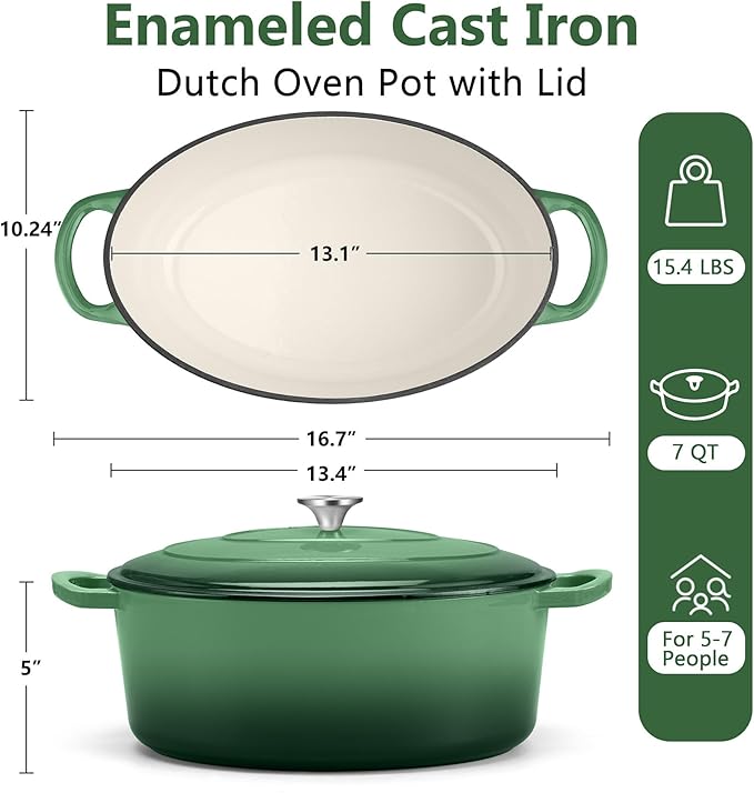 TeamFar 7QT Oval Dutch Oven, Enameled Cast Iron Dutch Oven Pot with Lid, For Bread Baking/Stewing/Braising/Frying, Suitable for Various Stoves, Non-stick & Easy Clean, Basil Green