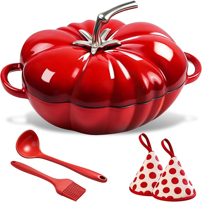 5 Qt Enameled Cast Iron Pumpkin Dutch Oven with Lid, Heavy Duty Pumpkin Pot for Bread Baking, Braising & Soups, 550°F Oven Safe Cookware Set, Superior Heat Retention, Includes Silicone Tools