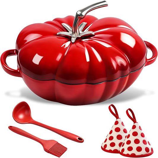 5 Qt Enameled Cast Iron Pumpkin Dutch Oven with Lid, Heavy Duty Pumpkin Pot for Bread Baking, Braising & Soups, 550°F Oven Safe Cookware Set, Superior Heat Retention, Includes Silicone Tools