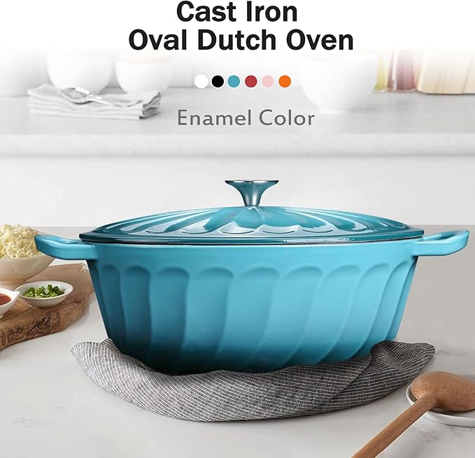 Enameled Oval Dutch Oven Pot with Lid, 7 QT Cast Iron Dutch Oven with Dual Handles for Cooking, Bread Baking, Frying, Non-stick Enamel Coated Oven (Blue-Green)