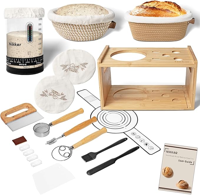 Complete Sourdough Starter Kit with Bamboo Storage Rack Bread Baskets, 12 Set Sourdough Bread Baking Supplies with Glass Sourdough Starter Jar for Bread Making Baking Fermentation