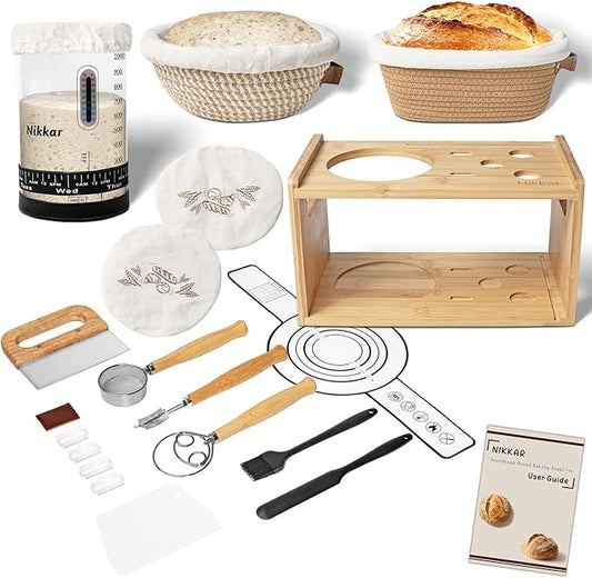 Complete Sourdough Starter Kit with Bamboo Storage Rack Bread Baskets, 12 Set Sourdough Bread Baking Supplies with Glass Sourdough Starter Jar for Bread Making Baking Fermentation