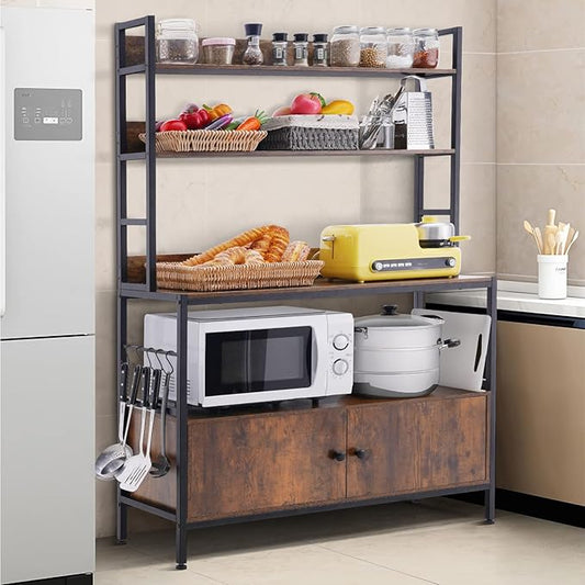 5-Tier Kitchen Baker’s Rack with Storage,Large Bakers Rack with Cabinet, Heavy Duty Oven Stand Microwave,Free Standing Kitchen Utility Shelf with Storage,Spice Rack with Hooks