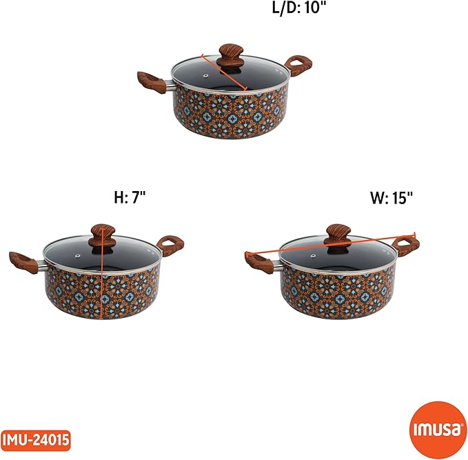 IMUSA 4.8qt Talavera Aluminum Black Ceramic Dutch Oven with Glass Lid & Wood Look Handles