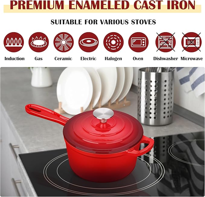 E-far Enameled Cast Iron Sauce Pan with Lid, 1 Quart Dutch Oven Saucepan, Mini Sauce Pot for Cooking, Boiling, Healthy & Non Toxic, Induction & Oven Safe, Red