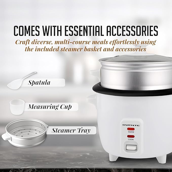OVENTE Electric Rice Cooker and Food Steamer – 10-Cup Cooked Capacity (5 Cups Uncooked), Nonstick Removable Pot, Keep Warm Function, Steaming Basket, Measuring Cup & Spatula Included, White RCS01W