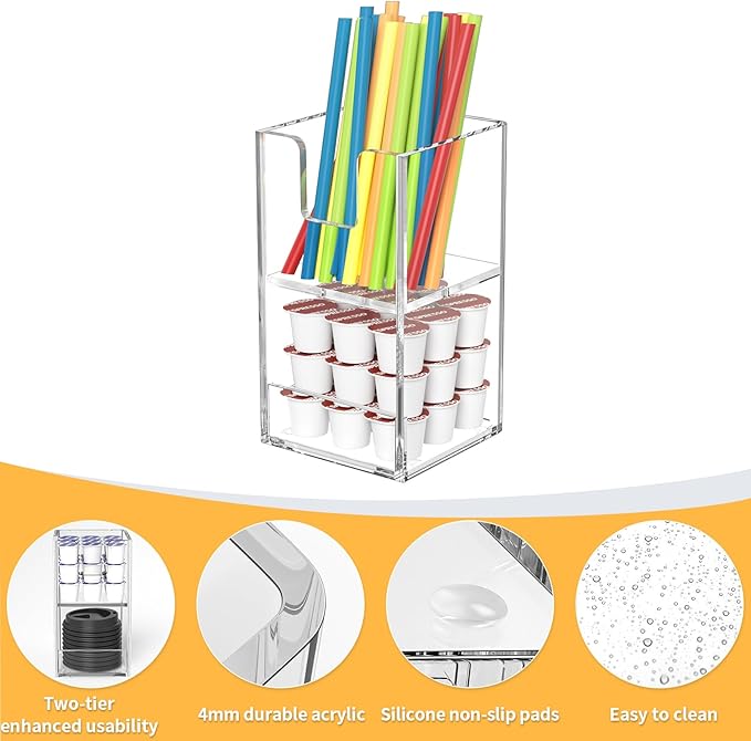 Coffee Condiment and Cup Organizer - 2-Tier Upright Cup and Lid Holder with Straw Organizer 2 Compartments Clear Acrylic Cup Dispenser for Restaurant Breakroom Coffee Station Countertop