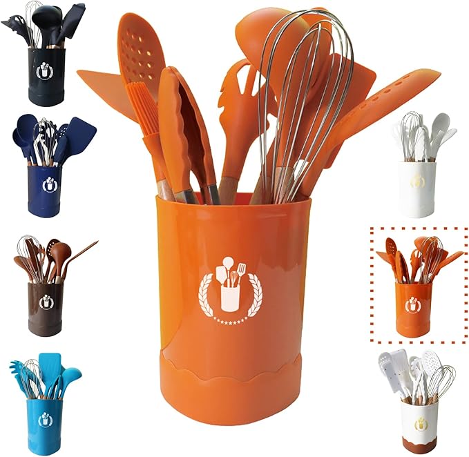 Orange Silicone Kitchen Cooking Utensils Set, Heat Resistant Silicone Kitchen Gadgets Utensils Set with Wooden Handle, Spoons Spatula Whisk with Holder for Nonstick Cookware