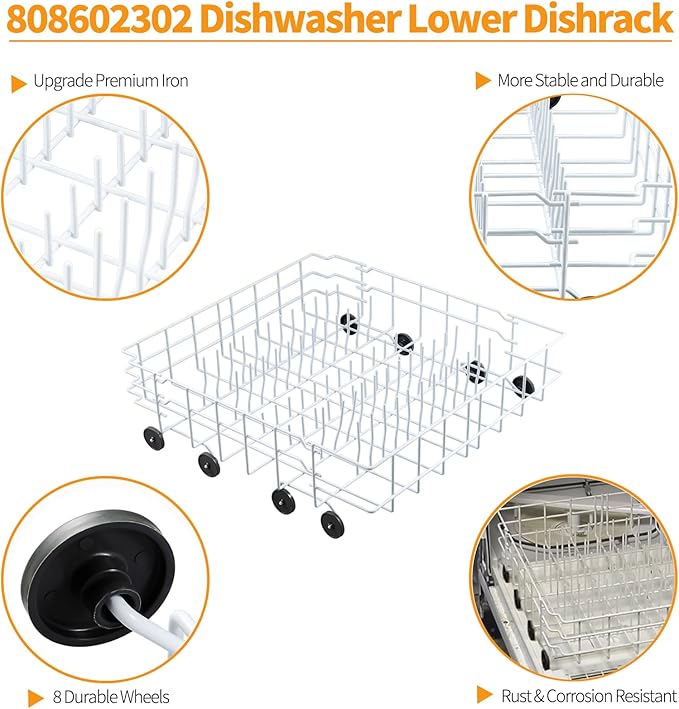 Upgraded 808602302 Dishwasher Lower Rack Replacement Parts for Frigidaire Kenmore Dishwasher Rack FDB1050REB0 LFBD2409LF3C Frigidaire Bottom Rack Lower Dishrack Assembly 154174501 Wheels Basket Drawer