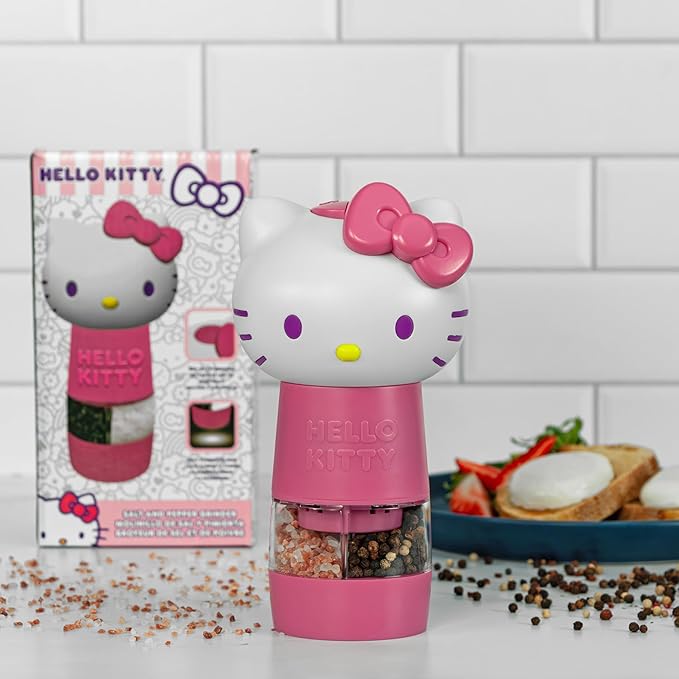 Uncanny Brands Sanrio Hello Kitty Salt and Pepper Grinder – Dual Chamber Electric Mill with Adjustable Coarseness and LED Light – Battery Powered