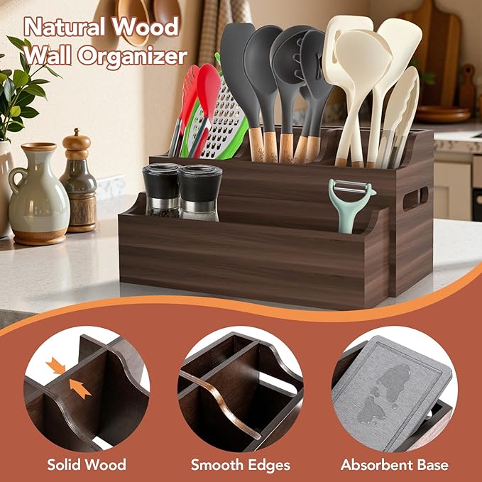 2-in-1 Large Wooden Utensil Holder for Kitchen Counter - Modular Stackable Cooking Utensil Organizer with Diatomite Absorbent Mat & Spoon Rest - Wall Mount Spatula Caddy & Silverware Storage