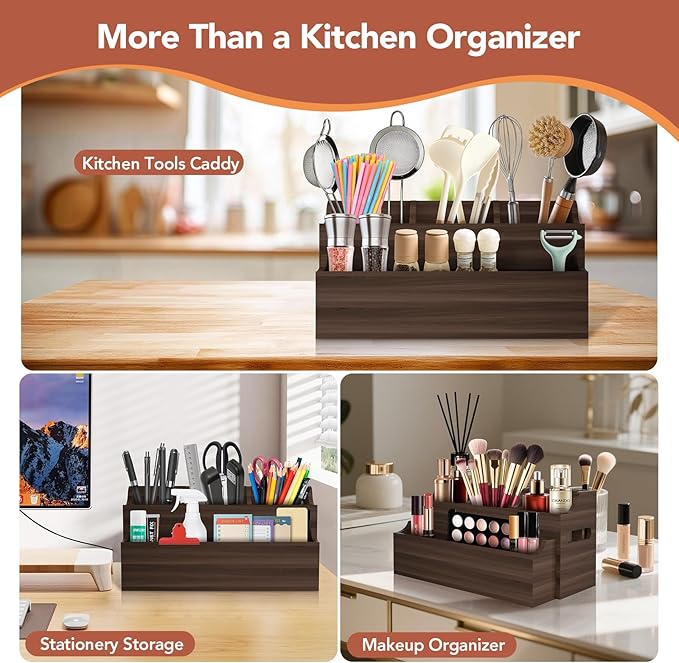 2-in-1 Large Wooden Utensil Holder for Kitchen Counter - Modular Stackable Cooking Utensil Organizer with Diatomite Absorbent Mat & Spoon Rest - Wall Mount Spatula Caddy & Silverware Storage