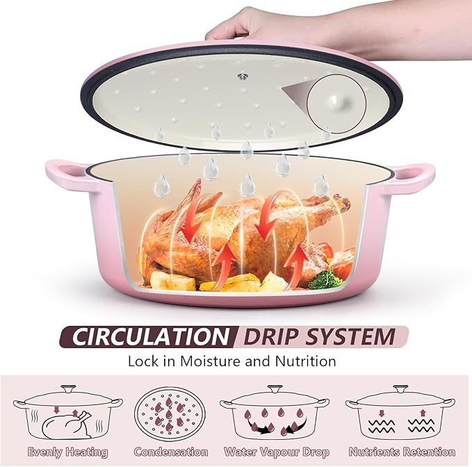 P&P CHEF Oval Dutch Oven with Lid, Enameled Cast Dutch Oven Pot for Bread Baking, Braising, Stewing, Roasting, Non-Stick & Oven Safe, Dual Handles & Easy Clean, 5QT & Pink, Valentine's Day