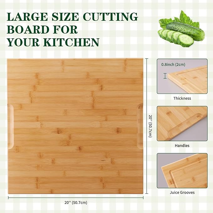 Bamboo Cutting Board - 20 x 20 inch Large Wood Chopping Board for Kitchen, Meat, Vegetables, BBQ, Square Butcher Block with Juice Groove and handle, 0.8"Th