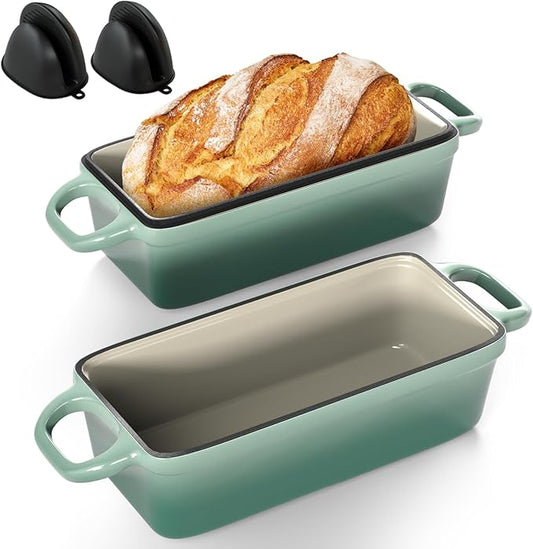 2 IN 1 Cast Iron Bread Loaf Pan with Lid, 3.4QT 9x5 Inch Dutch Oven for Bread Baking, Even Heating Bread Oven, Enameled Bread Pan for Homemade Sourdough Bread Baking & Versatile Cooking, Green