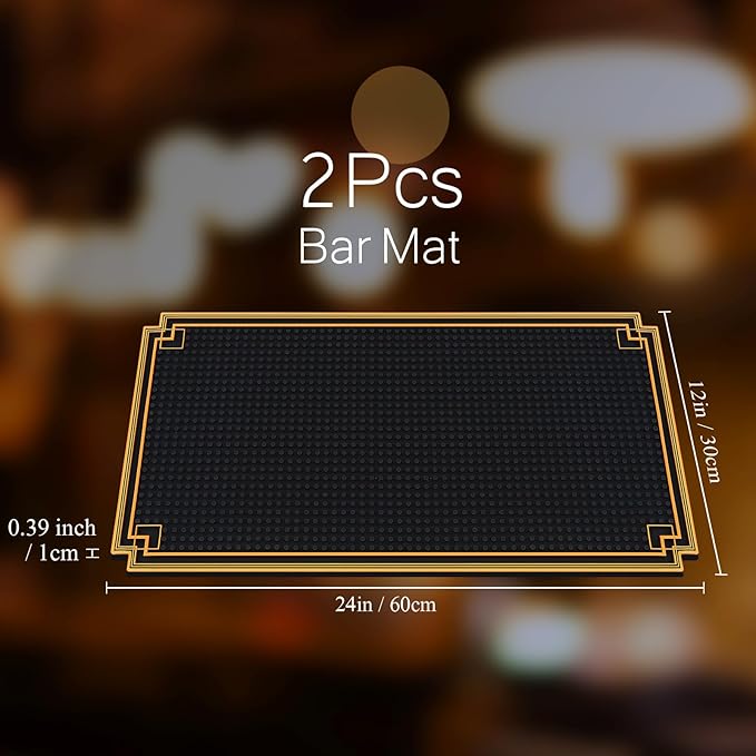 2 Pcs Bar Mat 24 x 12 Inch Non Slip Rubber Mat with Gold Border Durable Stylish Spill Cocktail Service Coffee Mats for Restaurants Barbershop Clippers Bartending, Black