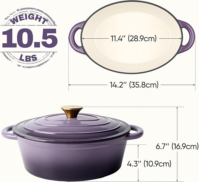 Oval Dutch Oven for Bread Baking, 4.5 Quart Non Stick Enameled Cast Iron Dutch Oven Pot with Lid, Oven Safe Oval Casserole with Lid up to 500°F for Baking, Braising, Stews, Roasting, Purple