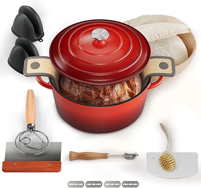 Cast Iron Dutch Oven for Bread Baking, With Banneton Bread Proofing Basket & Sourdough Baking Supplies, 5QT Multi-Functional Enameled Dutch Oven Pot with Lid, Cast Iron Bread Pan, Red