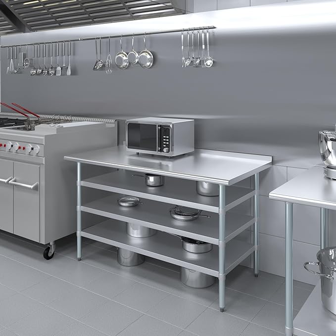 AmGood Stainless Steel Work Table with 1.5" Backsplash and 3 Shelves | Metal Kitchen Food Prep Table | NSF (60" Long x 30" Deep)