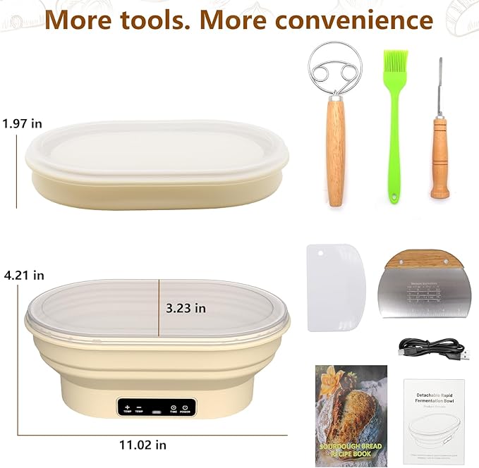 Heating Sourdough Starter Kit, Electric Thermostatic Silicone Bread Proofing Basket Set with 6 Timer & Temp Settings Dishwasher Safe, Foldable Sourdough Starter Bowl, Starter Baking Kit Gift