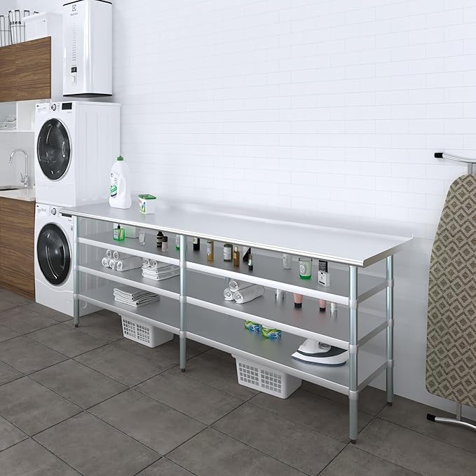 AmGood Stainless Steel Work Table with 1.5" Backsplash and 3 Shelves | Metal Kitchen Food Prep Table | NSF (96" Long x 24" Deep)