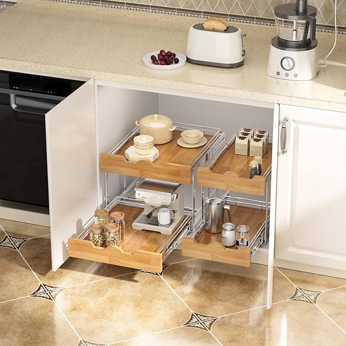OCG Pull Out Cabinet Organizer 17" W x 21" D, 2 Tier Slide Out Shelf, Heavy-Duty Pull Out Drawer for Cabinets, Base Cabinet Organization for Kitchen, Pantry, Bathroom