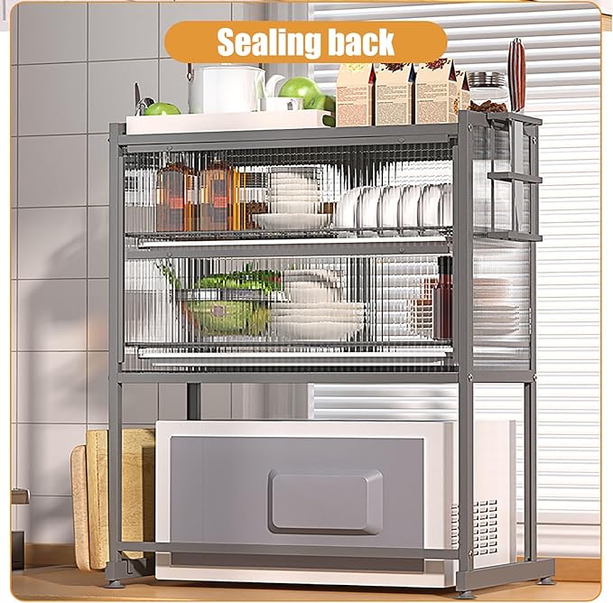 3 Tier Kitchen Countertop Microwave Oven Rack Dying Rack with Storage Cabinet Tableware Organizer Shelf with Draining Trays Knife/Chopping Board Holder Multifunctional Tableware Storage
