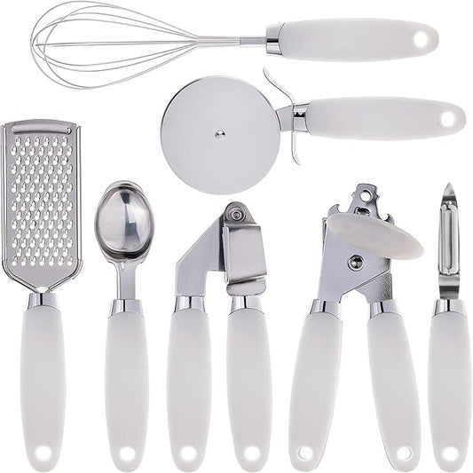 COOK WITH COLOR Kitchen Gadget Set Stainless Steel Utensils with Soft Touch Handles, 7 Pieces, Stainless Steel White