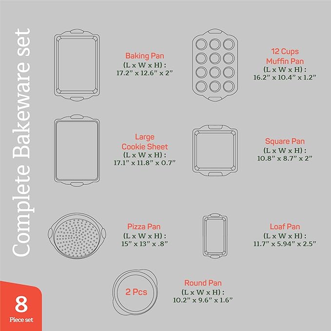Baking Pan Set - Nonstick Coating, Carbon Steel Bakeware Set with White Silicone Handle, PFOA, PFOS, PTFE Free, Recipe Booklet Included, Oven Safe Tray (Up To 450° F), Set of 8 - White