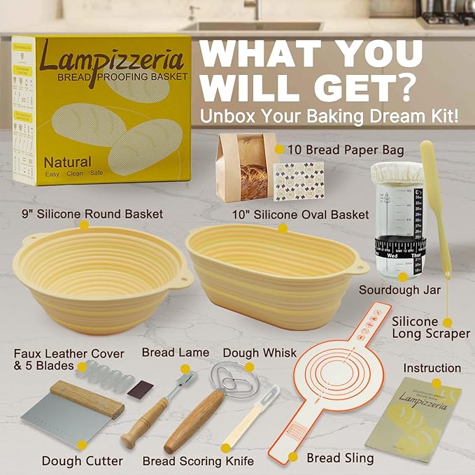 Silicone Proofing Basket Set Round & Oval - D'ita Collapsible Bread Banneton with Tools (Non-Stick, Easy Clean) Complete Baking Gift Kit Bread Proofing for Home Bakers