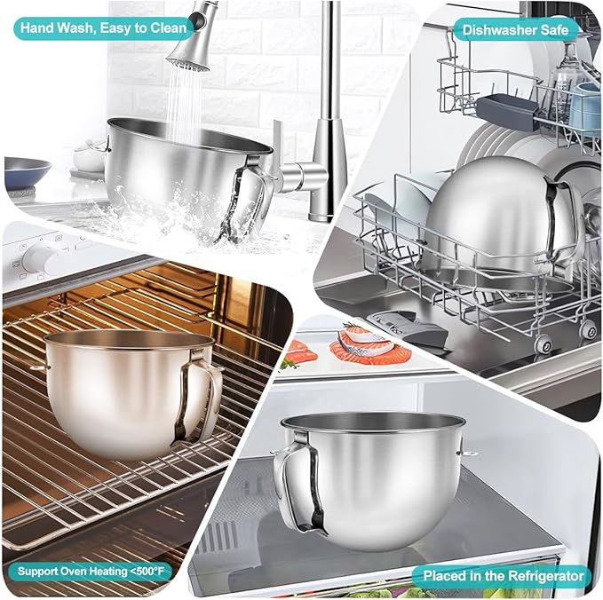 6 QT Stainless Steel Mixer Bowl & Mixer Bowl Lid Cover for KitchenAid Bowl-Lift Mixer, Kitchen Aid Mixing Bowl Replacement for 6 Quart Lift Mixer with Bigger Handle, Dishwasher Safe