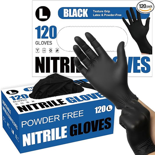 Fixwal Black Disposable Nitrile Gloves, 4 Mil, 120 Count, Cleaning Service Gloves, Latex Free, Powder Free, Disposable Gloves for Cooking, Cleaning