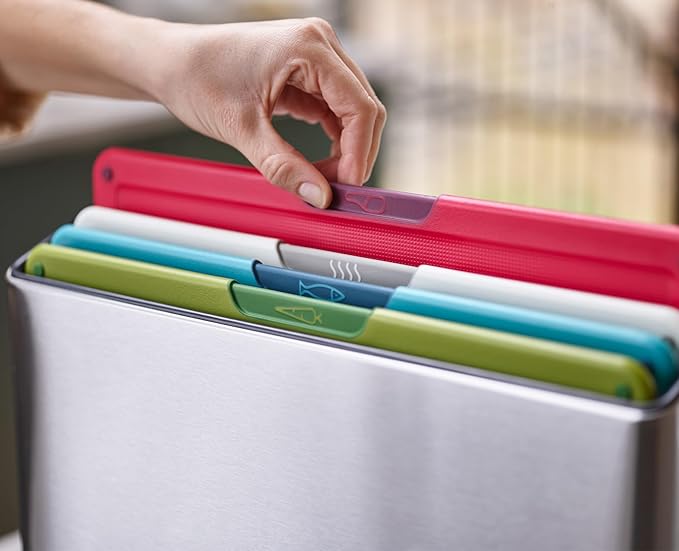 Joseph Joseph Folio Icon 4-Piece Multi Colour coded Cutting Board Set, Stainless Steel Slimline case for organized Kitchen storage, Silver