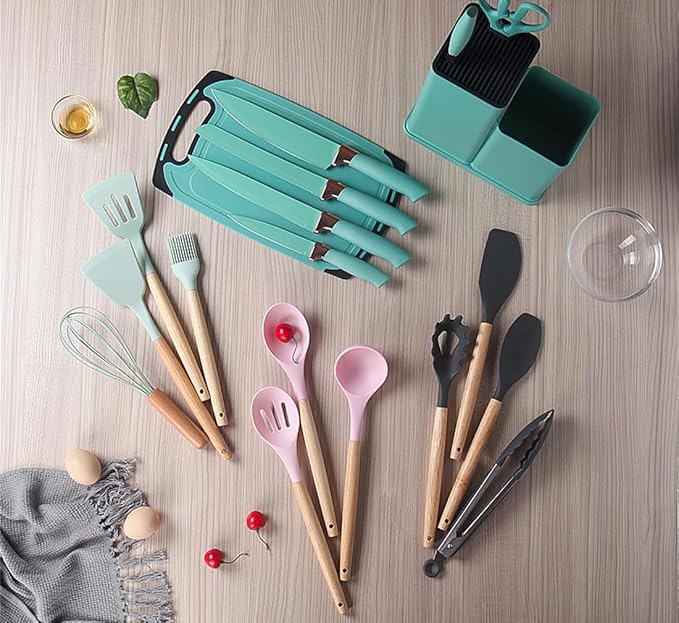 19 Pieces Kitchen Utensils and Knife Set with Block, Inldued 9 Pieces Silicone Cooking Utensils Set 5 Pieces Sharp Stainless Steel Chef Knives Scissors Whisk Tongs and Cutting Board (TEAL)
