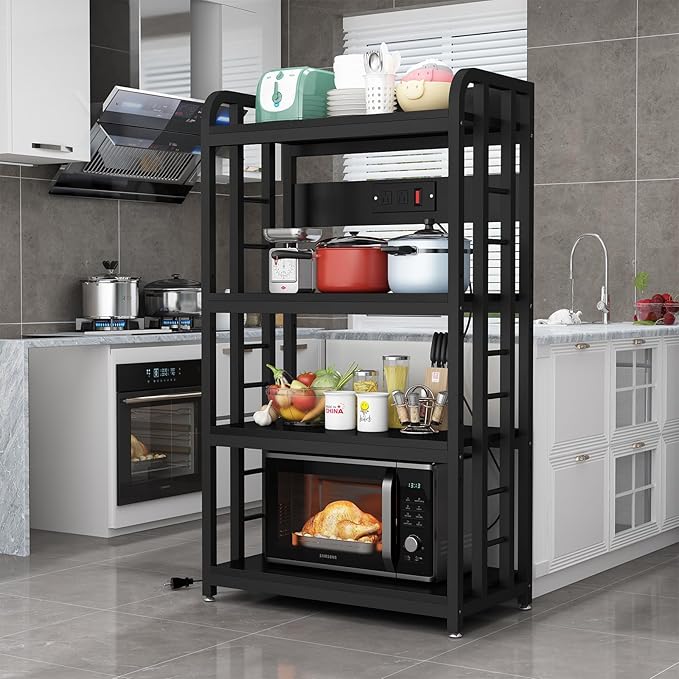 Bakers Rack with Power Outlet ，Microwave Stand 4-Tier Kitchen Baker's Rack, Free Standing Baker's Rack Kitchen Stands with Storage Suitable for Kitchen, Living Room, Dinning Room，Coffee Bar (Black)