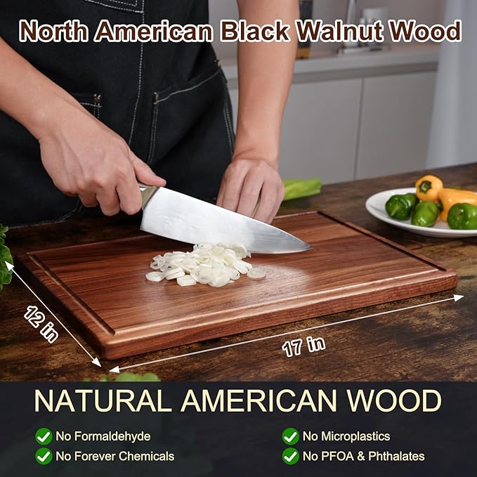 Walnut Wooden Cutting Boards for Kitchen, Solid Wood Cutting Board Set - Charcuterie & Chopping Butcher Block for Meat - Kitchen Gadgets Gift