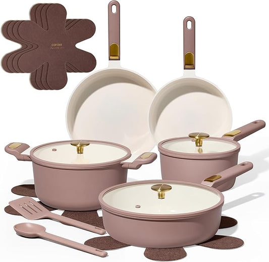 CAROTE Ceramic Cookware Set, Pots and Pans Set Non stick, 16-Piece Induction Cookware, Non toxic Healthy Non Stick Kitchen Cooking Set, with Frying Pans Set,Large Capacity Soup Pot, Pink