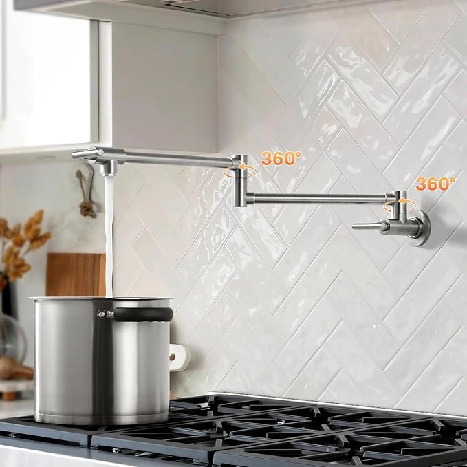 Pot Filler Faucet Brushed Nickel: WOWOW Stainless Steel Pot Filler Over Stove, Wall Mounted Kitchen Folding Faucet with Double Joint Swing Arms