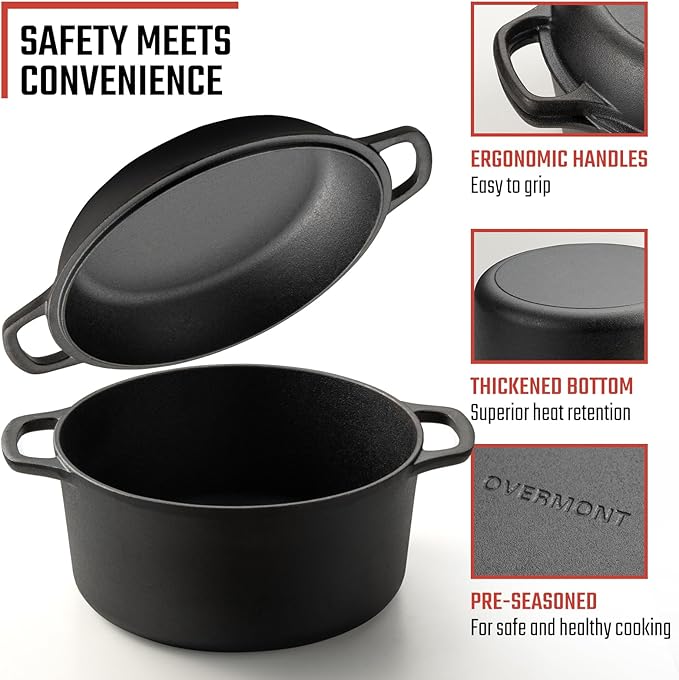 Overmont 2-in-1 Cast Iron Dutch Oven - 7QT Pre-Seasoned All-in-One Casserole Braising Pan with Skillet Lid Cookbook & Silicone Handle Covers - Heavy Duty Oven-Safe Pot for Bread Baking Frying Camping