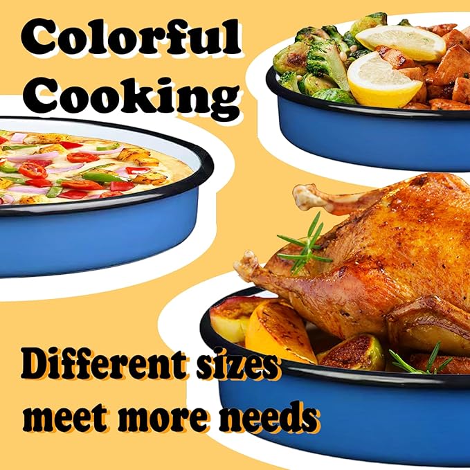 3-Pack Enamel Roasting & Baking Pan Set 10/12/14 Inch Round Cake Pans for Turkey Pizza Casseroles Desserts Oven& Dishwasher High Temperature Resistance Baking Dishes for Mom Wife Valentine's Day