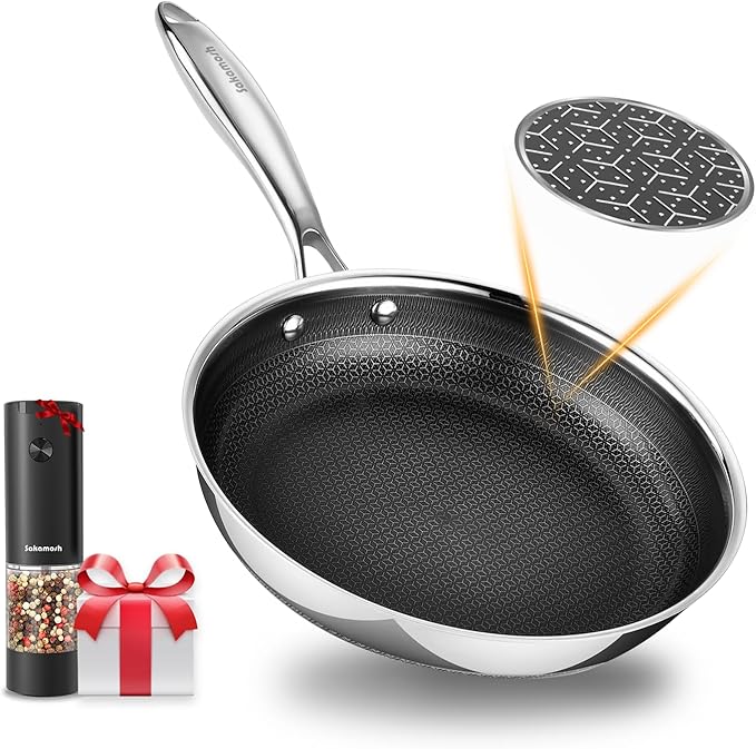 9.5" Hybrid Ceramic Deep Pan, Ceramic-Coated Stainless Steel Skillet - PFOA/PTFE Free, High Heat & Induction, Dishwasher & Oven Safe + FREE Electric Pepper Grinder
