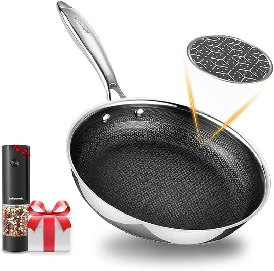 9.5" Hybrid Ceramic Deep Pan, Ceramic-Coated Stainless Steel Skillet - PFOA/PTFE Free, High Heat & Induction, Dishwasher & Oven Safe + FREE Electric Pepper Grinder