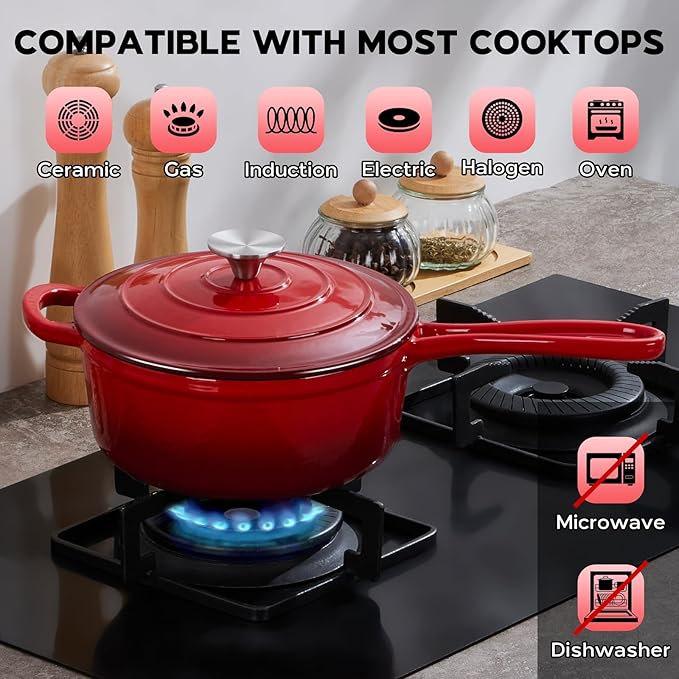 Onader Cast Iron Sauce Pan Pot, 3QT Small Saucepan with Lid, Enameled Cast Iron Dutch Oven Cooking Kitchen Pot, Nonstick & Heavy Duty – Red