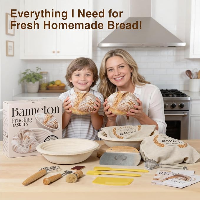 Sourdough Starter Kit, 9" Round 1KG Wood Pulp Banneton Bread Proofing Baskets Set, Sourdough Bread Baking Supplies Making Tools with Dough Scraper, Whisk, Bread Lame, Recipe
