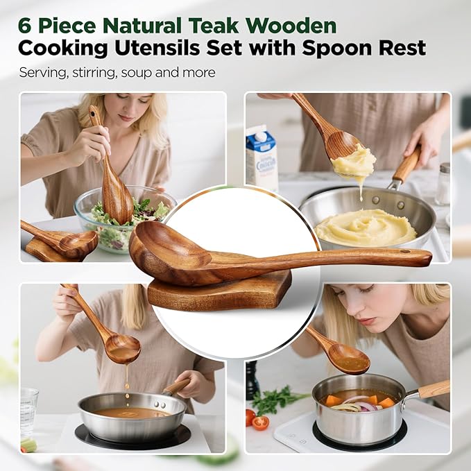 ANBUY Wooden Spoons for Cooking, 6 Pcs Teak Wood Kitchen Utensil Set with Spoon Rest, Ladle Salad Skimmer Spoon for Mixing Serving, Heat-Resistant Cooking Utensil, Gentle for Non Stick Cookware
